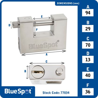 BLUE SPOT TOOLS 94MM SHUTTER "C" TYPE BLOCK PADLOCK