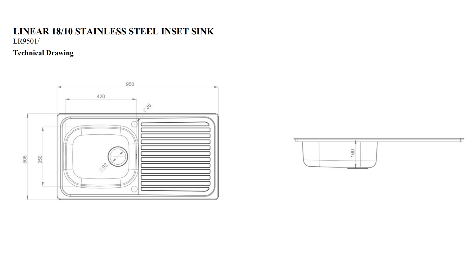 Linear SBSD 1th 950x508mm Sink - Waste Sold Seperately HPS Hartlepool Plumbing Supplies